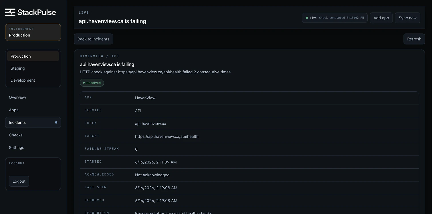 StackPulse resolved incident view with service, failure, and recovery details